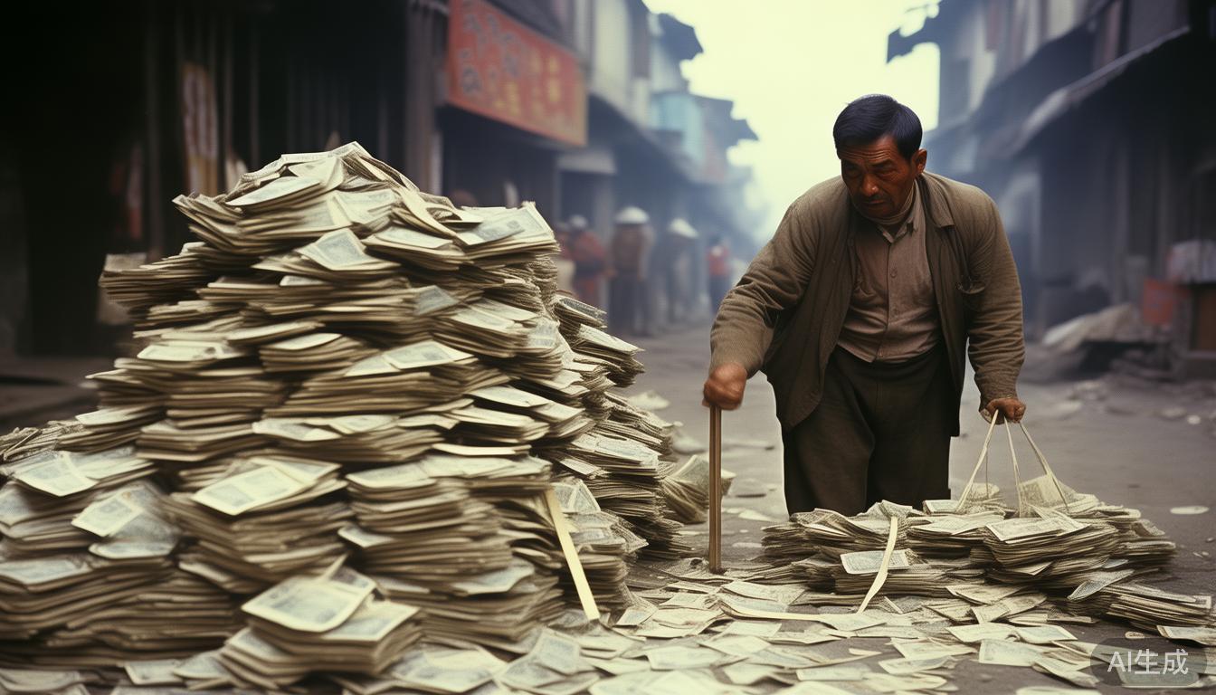 民国法币贬值多严重？1948年小贩用尺量钞票买米需扛半袋钱